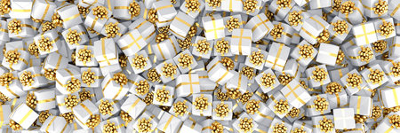 3d render - white christmas gift boxes with golden ribbons - panoramaの写真素材