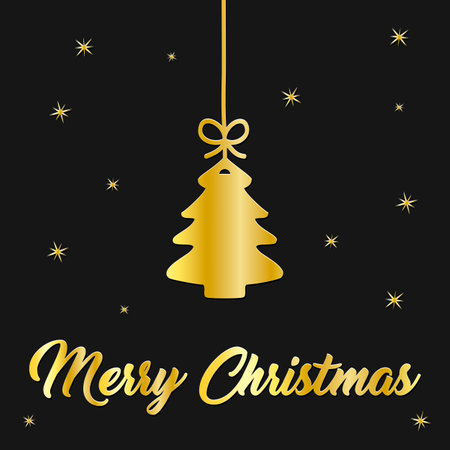 Illustation of a Christmas greeting card with a Christmas tree and the message Merry Christmas in yellow, gold on black backgroundの写真素材