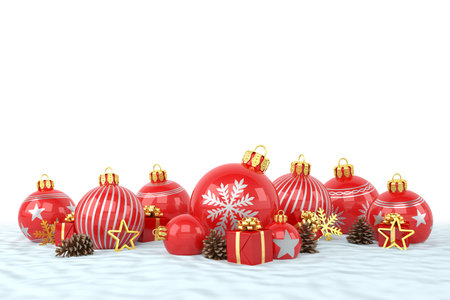 3d render of many red christmas baubles and christmas decorations over white background - merry christmas conceptの写真素材