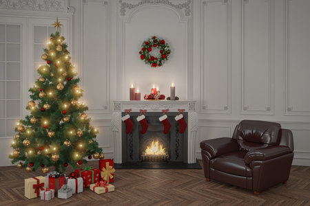 3d rendering of a luxury apartment decorated for christmas with a christmas tree.の写真素材