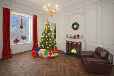 Living room with christmas decorations, tree and presentsの写真素材