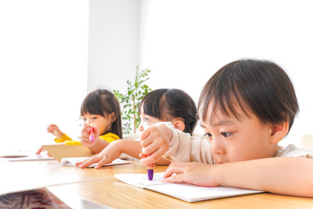 Child Studying in Classroom (Japanese schoolgirl and children)