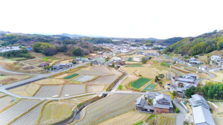 aerial photography of country view in Japanの写真素材