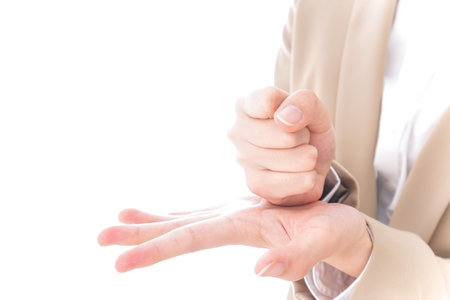Business woman showing stop hand sign on white background, closeup.
