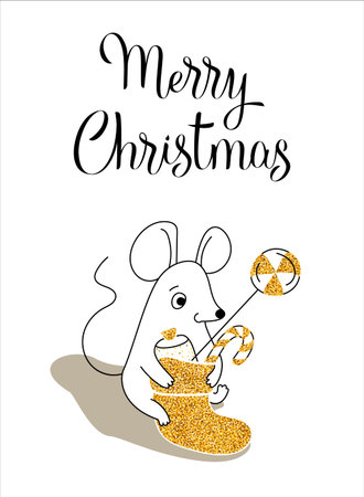 Mouse with christmas sock, greeting card for your design, vector illustration 10epsのイラスト素材
