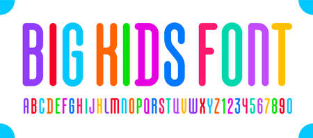 Kids playful font, alphabet in the cartoon style, multicolored bright rounded letters and numbers, modern high condensed book symbols, vector illustrationのイラスト素材