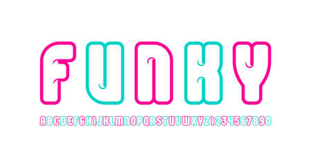 Funky bright font, alphabet in the cartoon style, multicolored bright rounded letters and numbers for you design cafeteria, vector illustrationのイラスト素材