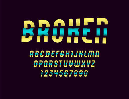 High damaged font, trendy colored broken alphabet, modern letters and numbers, for your designsのイラスト素材