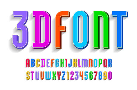 3D Font from multicolored, trendy bright alphabet, modern condensed letters and numbers for your designのイラスト素材