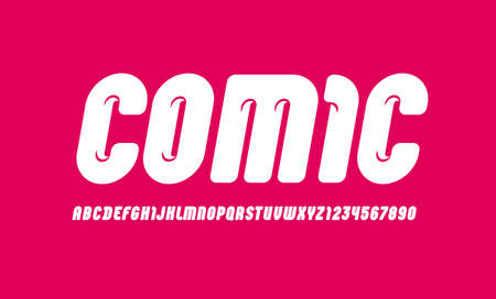 Comic rounded font, trendy bold alphabet in the cartoon style, modern white letters and numbers for your design, vector illustrationのイラスト素材