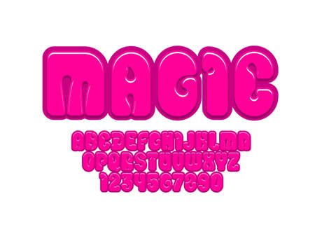 Glossy font, pink bold alphabet in the cartoon style, bright rounded letters from A to Z and numbers from 0 to 9 for you designsのイラスト素材