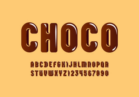 Chocolate glossy font, brown alphabet in the cartoon style, tasty rounded letters from A to Z and numbers from 0 to 9 for you designsのイラスト素材