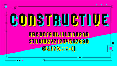 Constructive font, trendy 3d alphabet sans serif, modern condensed letters and numbersのイラスト素材
