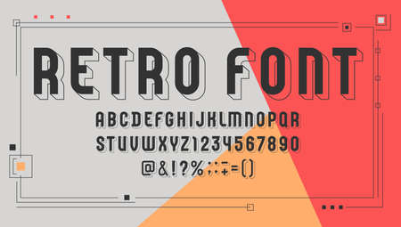 Constructive retro font, old alphabet sans serif, modern condensed letters and dark numbersのイラスト素材