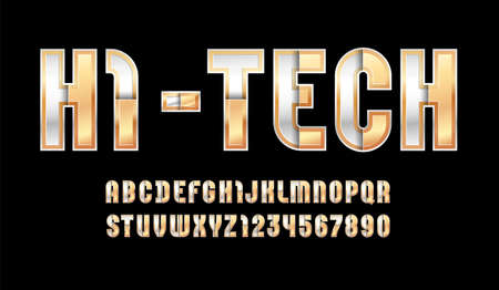 Hi-tech metallic font, bright modern alphabet, trendy letters and numbers made of silver and golden partsのイラスト素材