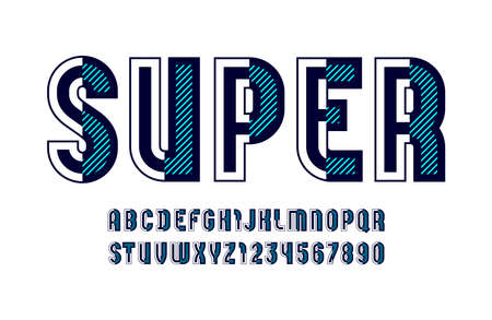 Trendy striped font, alphabet sans serif, modern uppercase Latin letters from A to Z and Arab numbers from 0 to 9 for you designsのイラスト素材