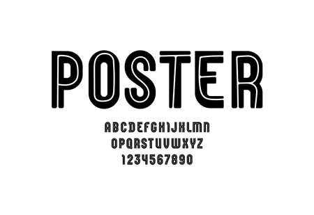 Trendy black font, modern striped alphabet, letters and numbersのイラスト素材