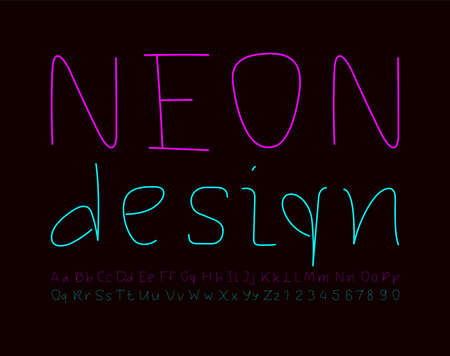 Simple neon font, bright alphabet, uppercase and lowercase letters from A to Z and Arab numbers from 0 to 9 for you designsのイラスト素材