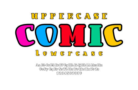 Comic bright font, alphabet in the cartoon style, trendy uppercase and lowercase Latin letters from A to Z and Arab numbers from 0 to 9 for you designsのイラスト素材