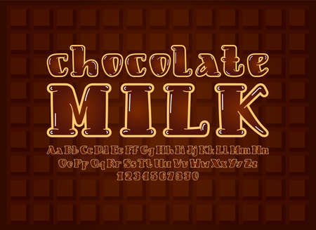 Chocolate font, brown alphabet in the cartoon style, trendy rounded uppercase and lowercase Latin letters from A to Z and Arab numbers from 0 to 9のイラスト素材
