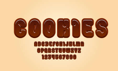 New trendy font, brown alphabet in the cartoon style, rounded letters from A to Z and numbers from 0 to 9 for you designs: logo, t shirt, card, poster, vector illustration 10EPSのイラスト素材