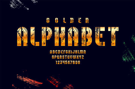 Stencil golden font, condensed bold metallic alphabet, modern letters and numbersのイラスト素材