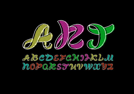Retro curvy font, handwritten script alphabet, calligraphy cursive colored letters and numbersのイラスト素材