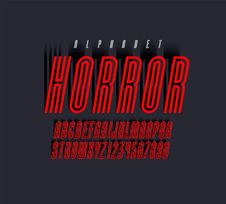 Trendy high font, modern condensed alphabet sans serif, red letters and numbersのイラスト素材