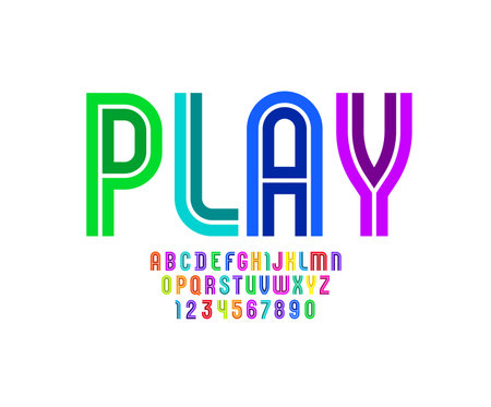 bright font, alphabet in the cartoon style, multicolored bright letters and numbers, vector illustrationのイラスト素材