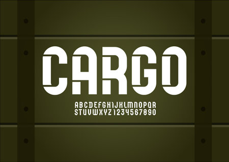 Stencil white font, condensed military alphabet, modern letters and numbersのイラスト素材