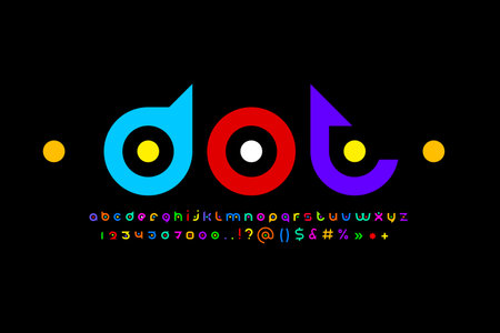 Original modern colored alphabet, rounded trendy font, letters and numbers with colored dotのイラスト素材