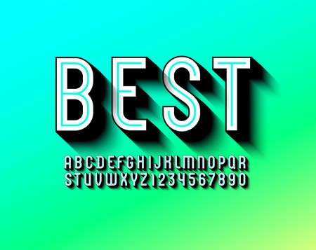 3D trendy font, bright alphabet with black shadows, letters and numbers with line, vector illustrationのイラスト素材