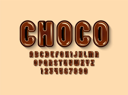 Chocolate glossy font, brown alphabet in the cartoon style, rounded letters from A to Z and numbers from 0 to 9 for you designs:のイラスト素材