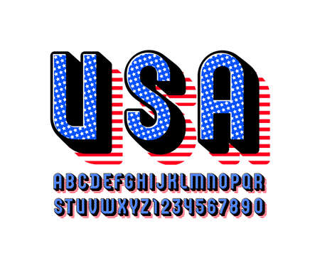 3D original Font, alphabet in the star style, modern condensed capital Latin letters from A to Z and Arab numbers from 0 to 9 with striped red shadow.のイラスト素材