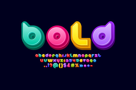 3D bold alphabet, bright rounded font, multi colored letters and numbers, vector illustrationのイラスト素材