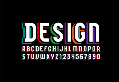 3D white font, trendy bright alphabet, condensed letters and numbers with multi colored shadow, vector illustration 10EPSのイラスト素材