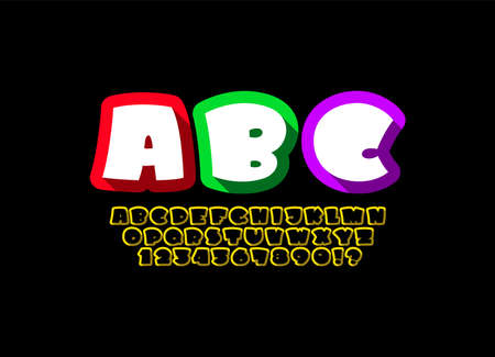 Rounded Font in the comics style, trendy cartoon multi colored alphabet, bold letters and numbers with black contour, vector illustration 10epsのイラスト素材