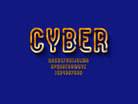 Alphabet of golden metal, techno gold font, futuristic metallic letters and numbers, vector illustration 10EPSのイラスト素材