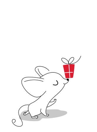 Mouse with a gift on the nose, greeting card for your design, vector illustration 10epsのイラスト素材
