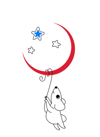 The little mouse cling to crescent his tail, greeting card for your design, vector illustration 10epsのイラスト素材