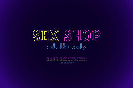 Neon color font, modern neon alphabet with line, uppercase letters and numbersのイラスト素材