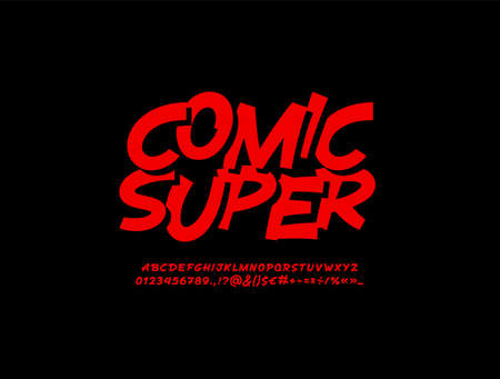 Comic handwritten red font, script alphabet, calligraphy cursive typeface, hand drawn typeface in style of comicsのイラスト素材