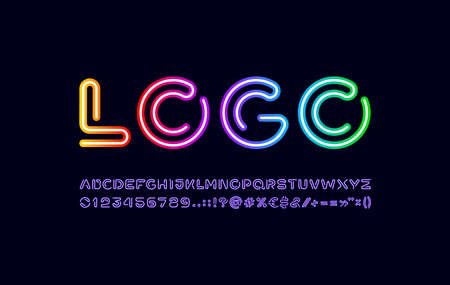 Alphabet of bright color, techno neon font, letters and numbersのイラスト素材