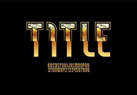 Golden font, gold alphabet, bright uppercase letters and numbers, vector illustration 10EPSのイラスト素材