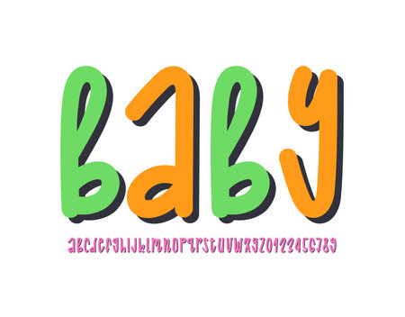 Calligraphic script font, alphabet in the cartoon style, rounded ultra thick colored letters and numbers in doodle style, vector illustration 10EPSのイラスト素材