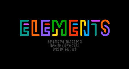 Bright font alphabet from multi-colored lines, game style letters and numbers, vector illustration 10EPSのイラスト素材
