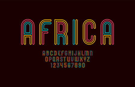 Ethno striped font, the alphabet of linear style, capital Latin letters from A to Z and Arab numbers from 0 to 9 made in African color style, vector illustration 10EPSのイラスト素材