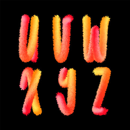 3D fluffy font furry alphabet, fuzzy chubby letters U, V, W, X, Y, Z, vector illustration 10EPSのイラスト素材