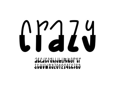 Hand drawn playful font, alphabet in the kids style, fun rounded thin thick black letters and numbers in doodle style, vector illustration 10EPSのイラスト素材