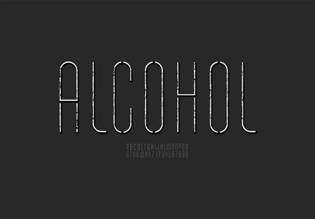 Font from ultra thin line, old stencil narrow alphabet, retro condensed letters and numbers made grunge textures, vector illustration 10EPSのイラスト素材